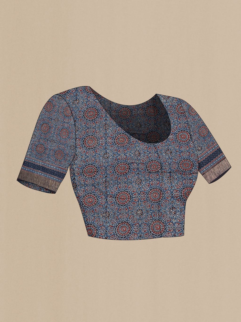 Close up image of the blouse of Indigo Linen Saree with Ajrakh Print on the body and Zari Border. 