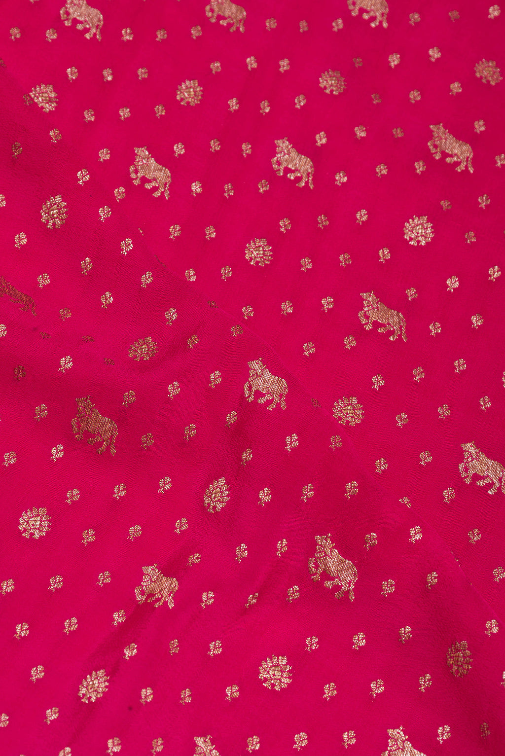 Close up of Pink Banarasi Georgette Saree with Zari Brocade on the body and Zari Border.  displaying folds