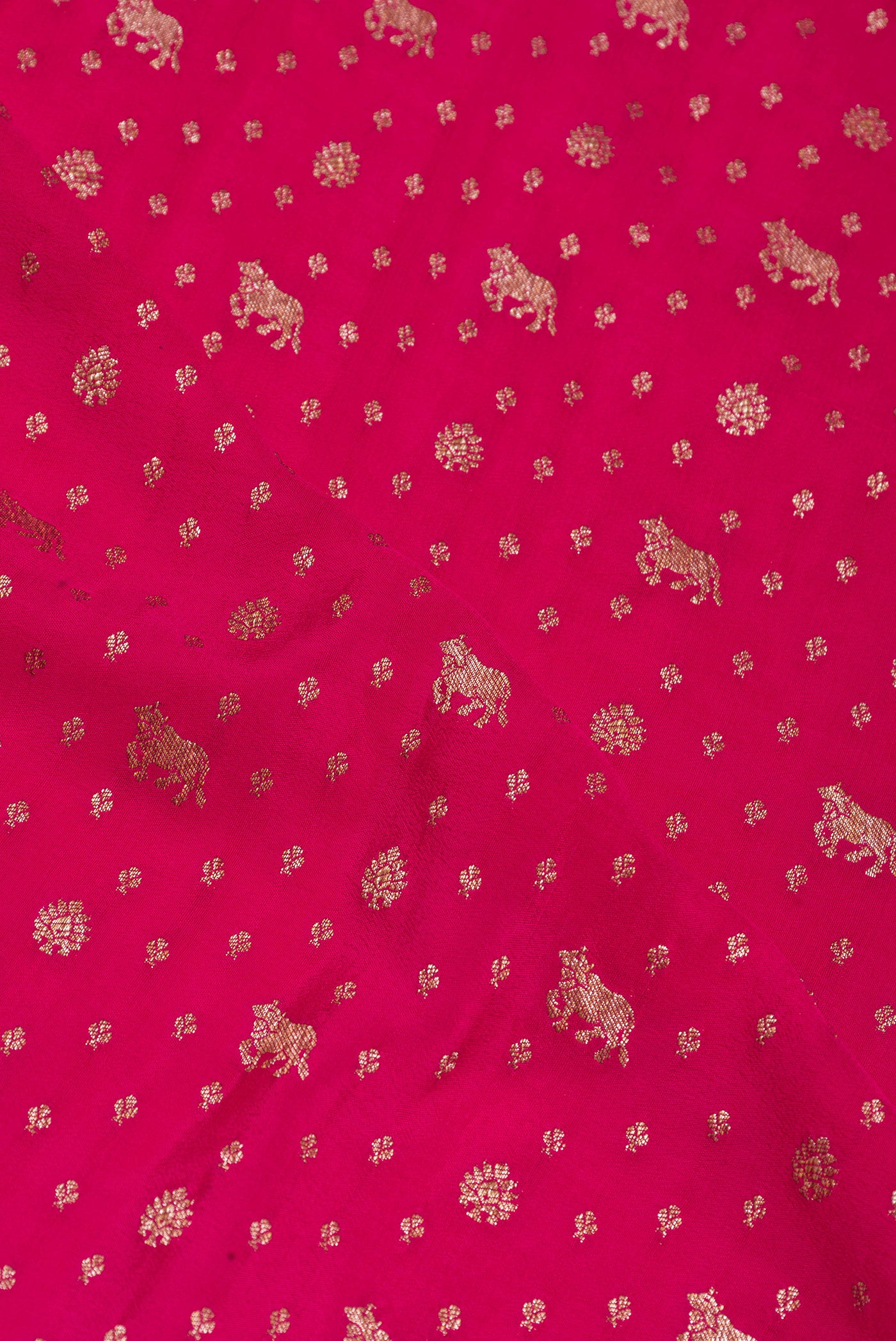 Close up of Pink Banarasi Georgette Saree with Zari Brocade on the body and Zari Border.  displaying folds