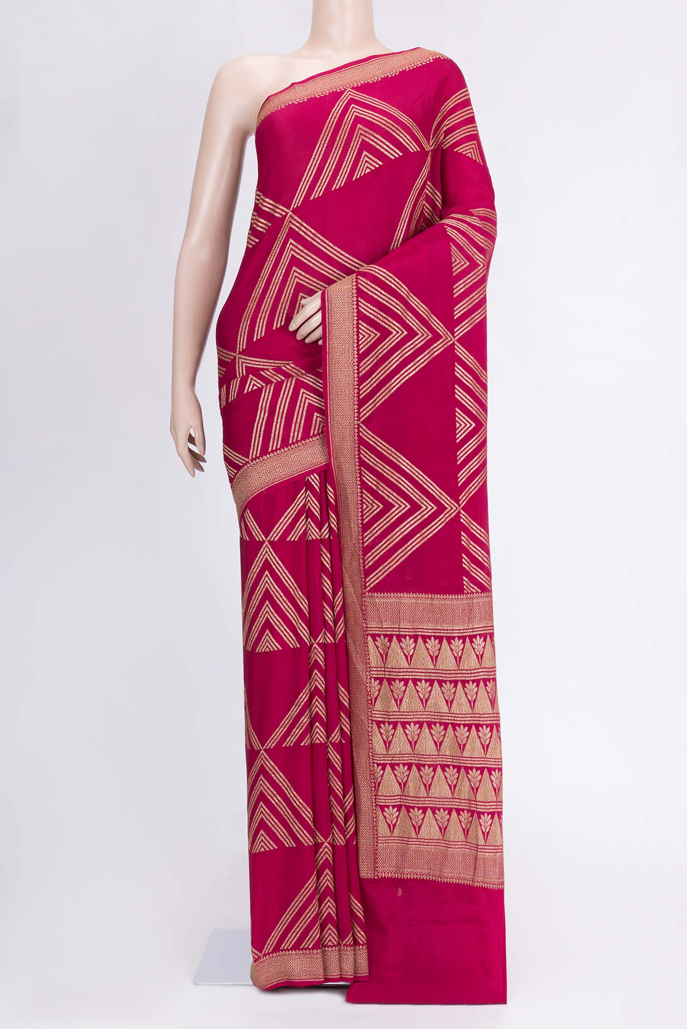 Pink Dual Tone Banarasi Georgette Saree with Zari Brocade on the body and Zari Border.  displayed on a mannequin
