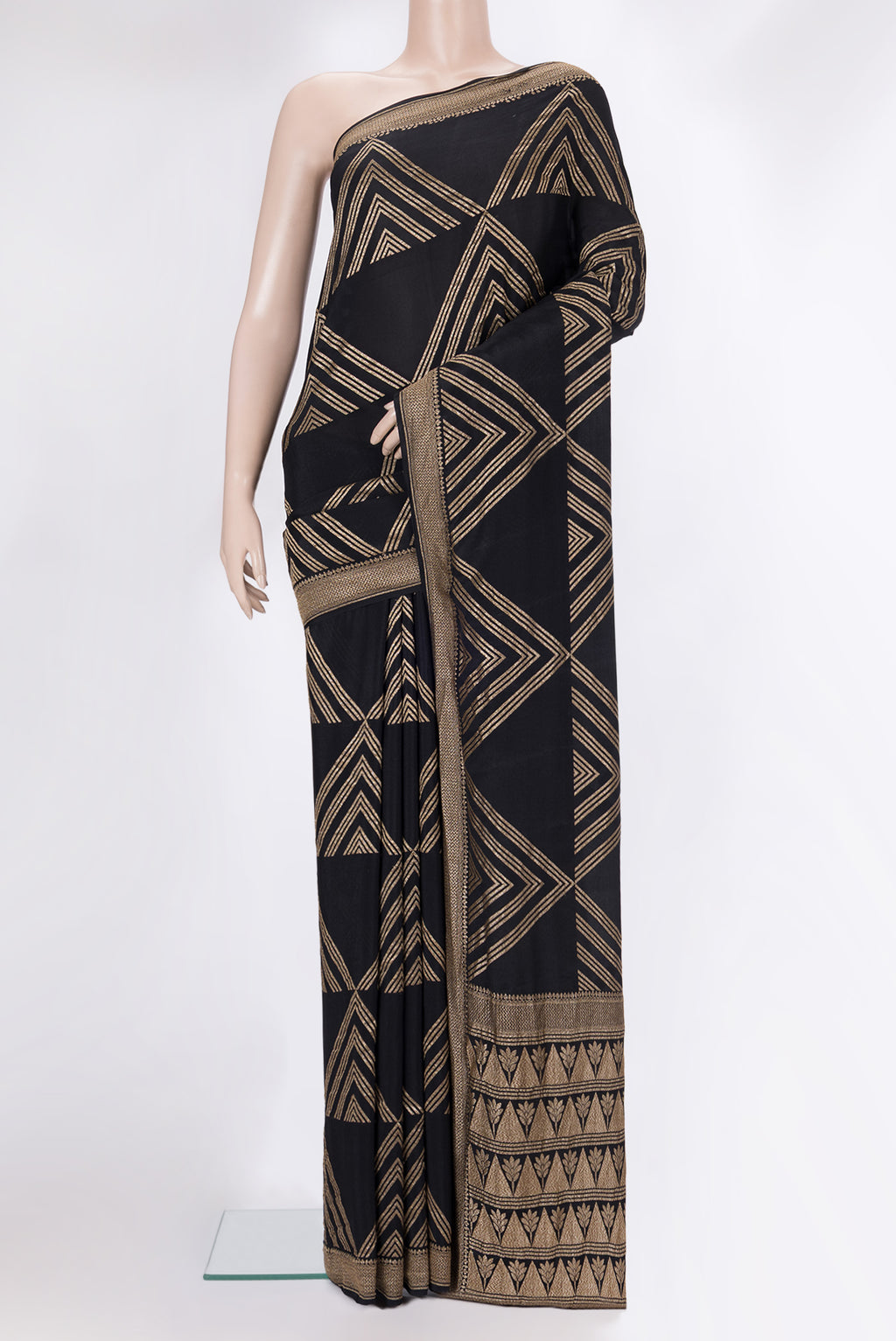 Black Banarasi Georgette Saree with Zari Brocade on the body and Zari Border.  displayed on a mannequin