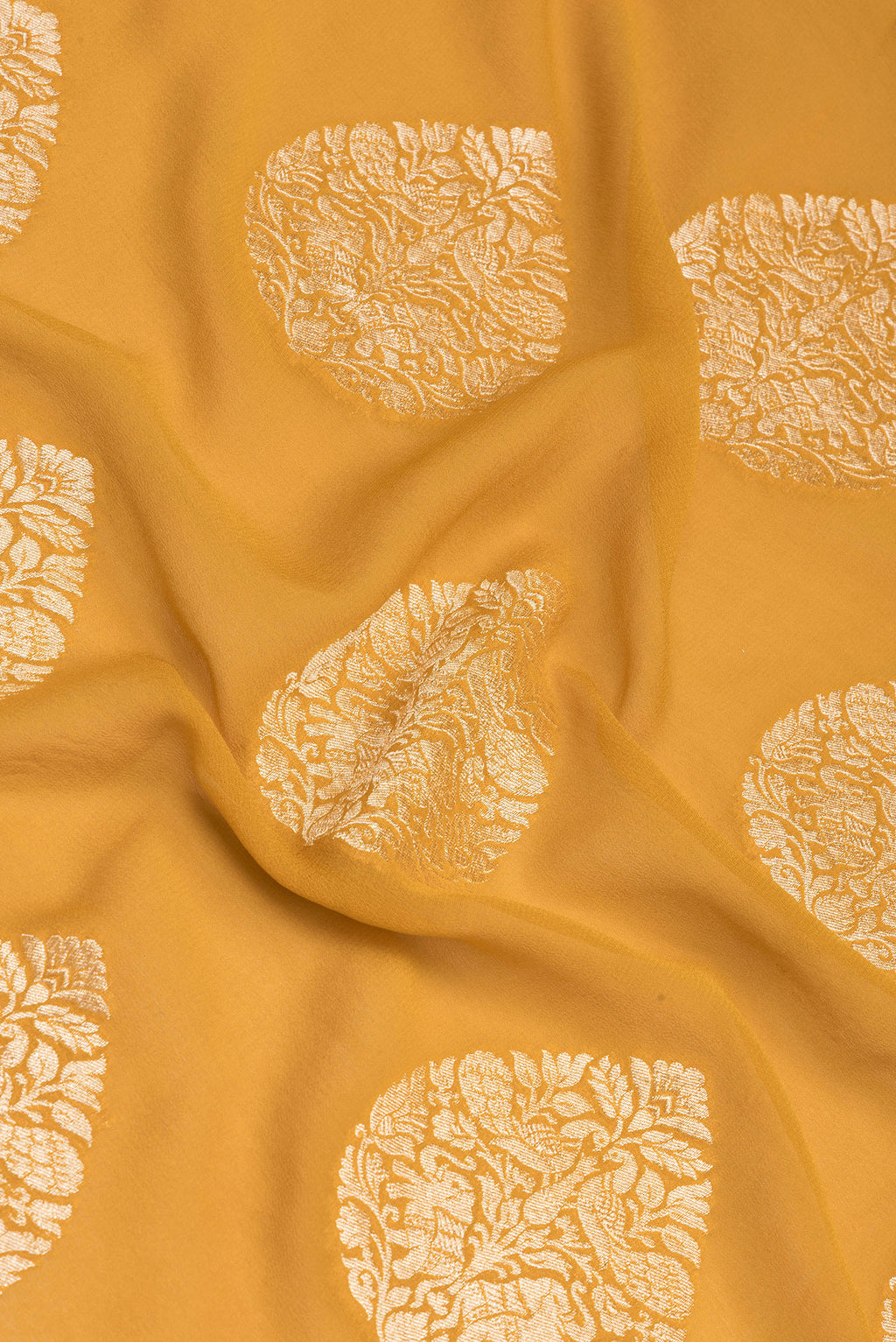 Close up of Mustard Banarasi Georgette Saree with Zari Butta on the body and Zari Border.  displaying folds