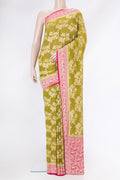 Mehandi Green Dual Tone Banarasi Georgette Saree with Zari Brocade on the body and Zari Border.  displayed on a mannequin