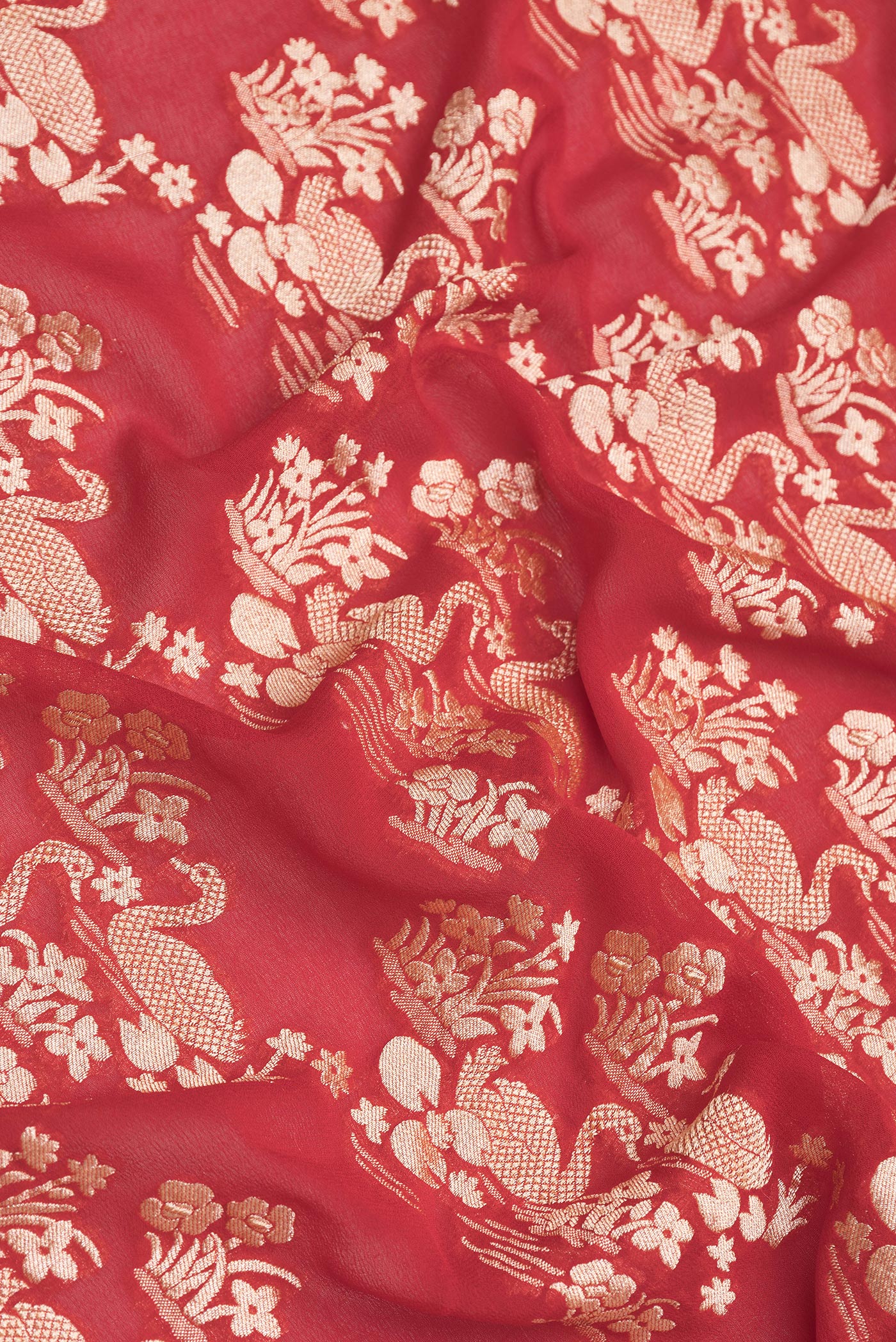 Close up of Red Dual Tone Banarasi Georgette Saree with Zari Brocade on the body and Zari Border.  displaying folds