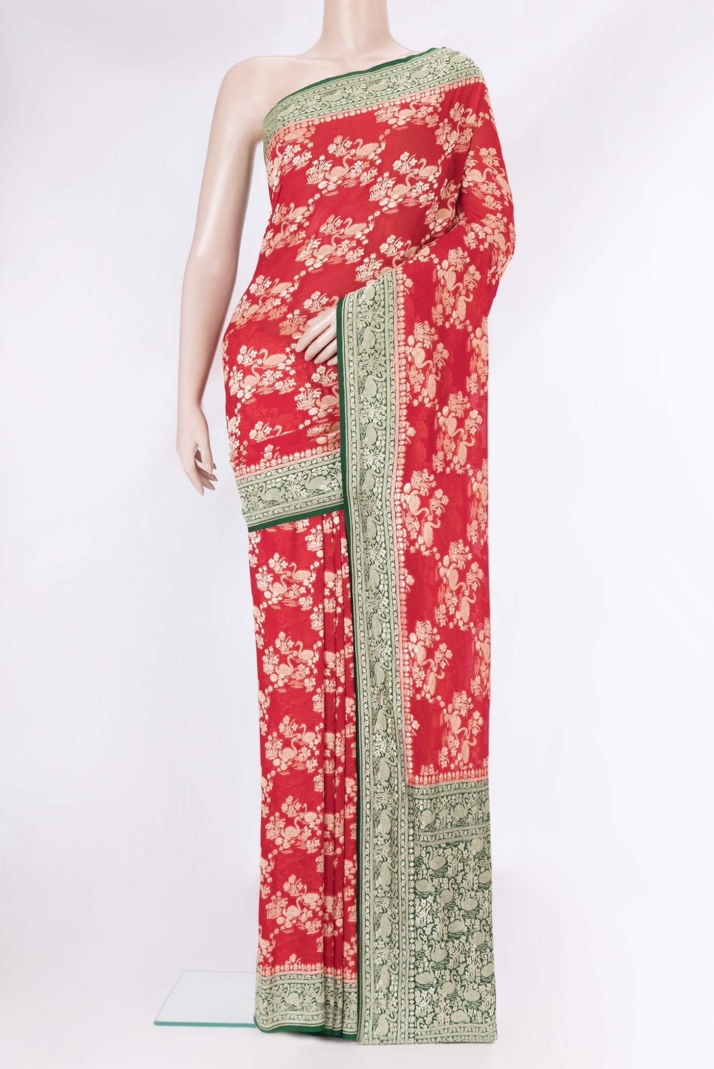 Red Dual Tone Banarasi Georgette Saree with Zari Brocade on the body and Zari Border.  displayed on a mannequin