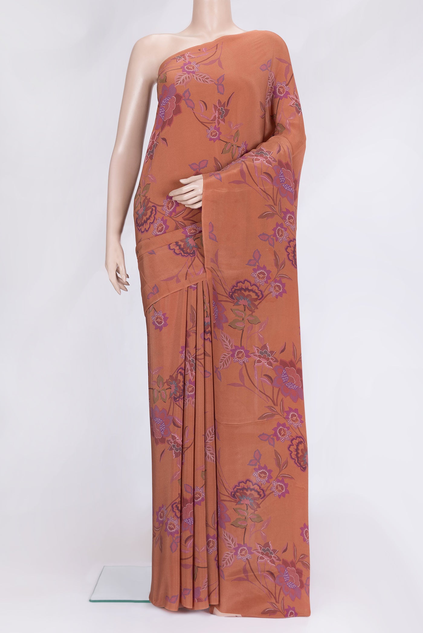 Brown Dual Tone Mysore Crepe Saree with Printed design on the body and Without Border.  displayed on a mannequin