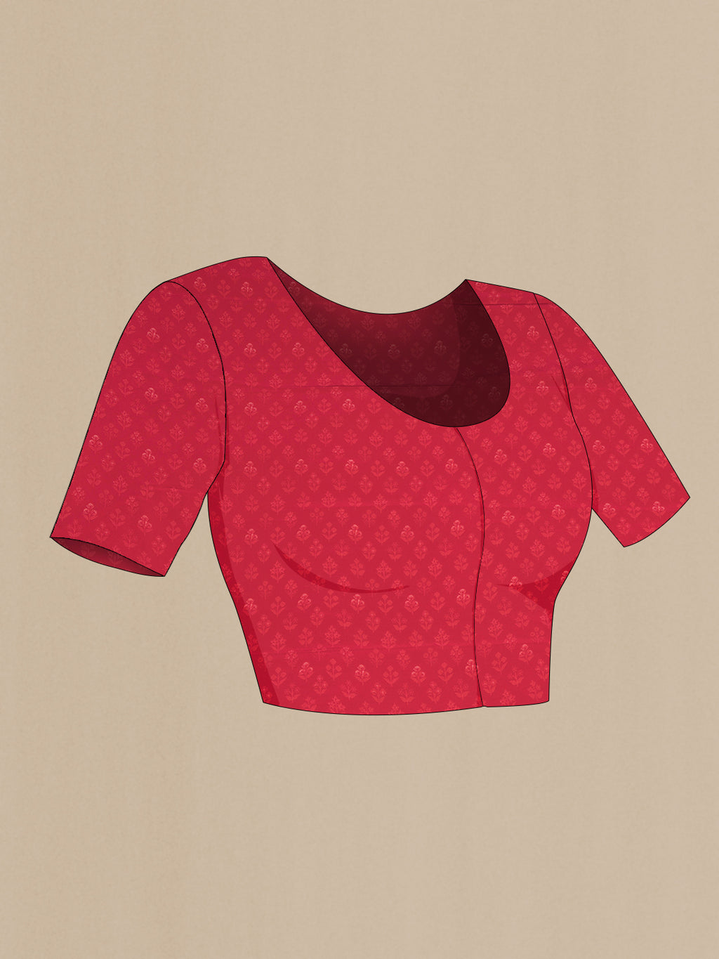 Close up image of the blouse of Red Dual Tone Mysore Crepe Saree with Printed design on the body and Printed Border. 