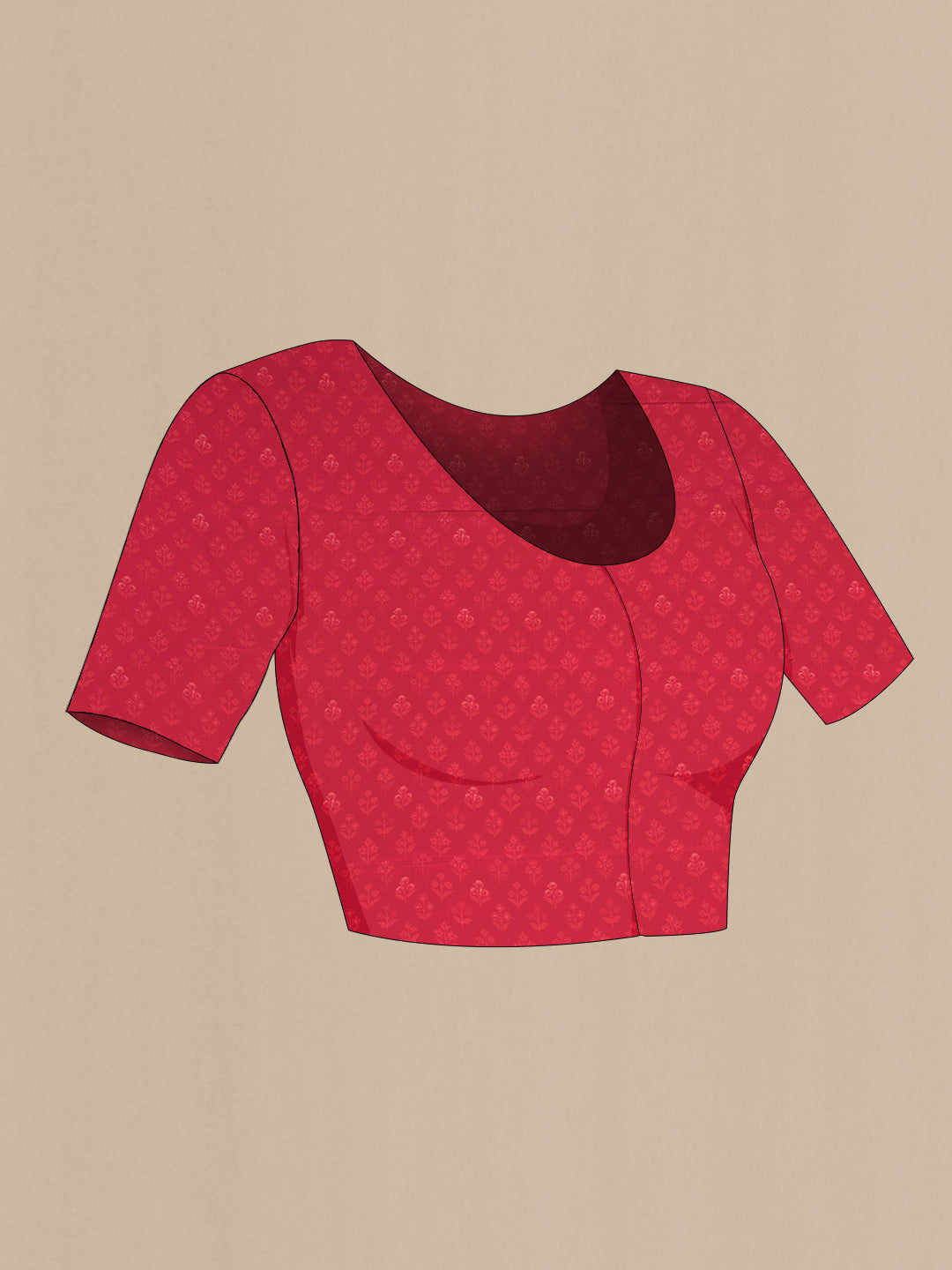 Close up image of the blouse of Red Dual Tone Mysore Crepe Saree with Printed design on the body and Printed Border. 