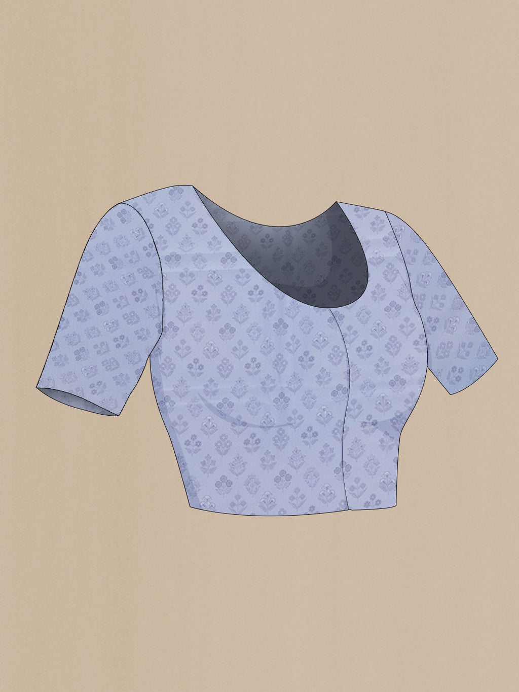 Close up image of the blouse of Grey Crepe Saree with Printed design on the body and Printed Border. 