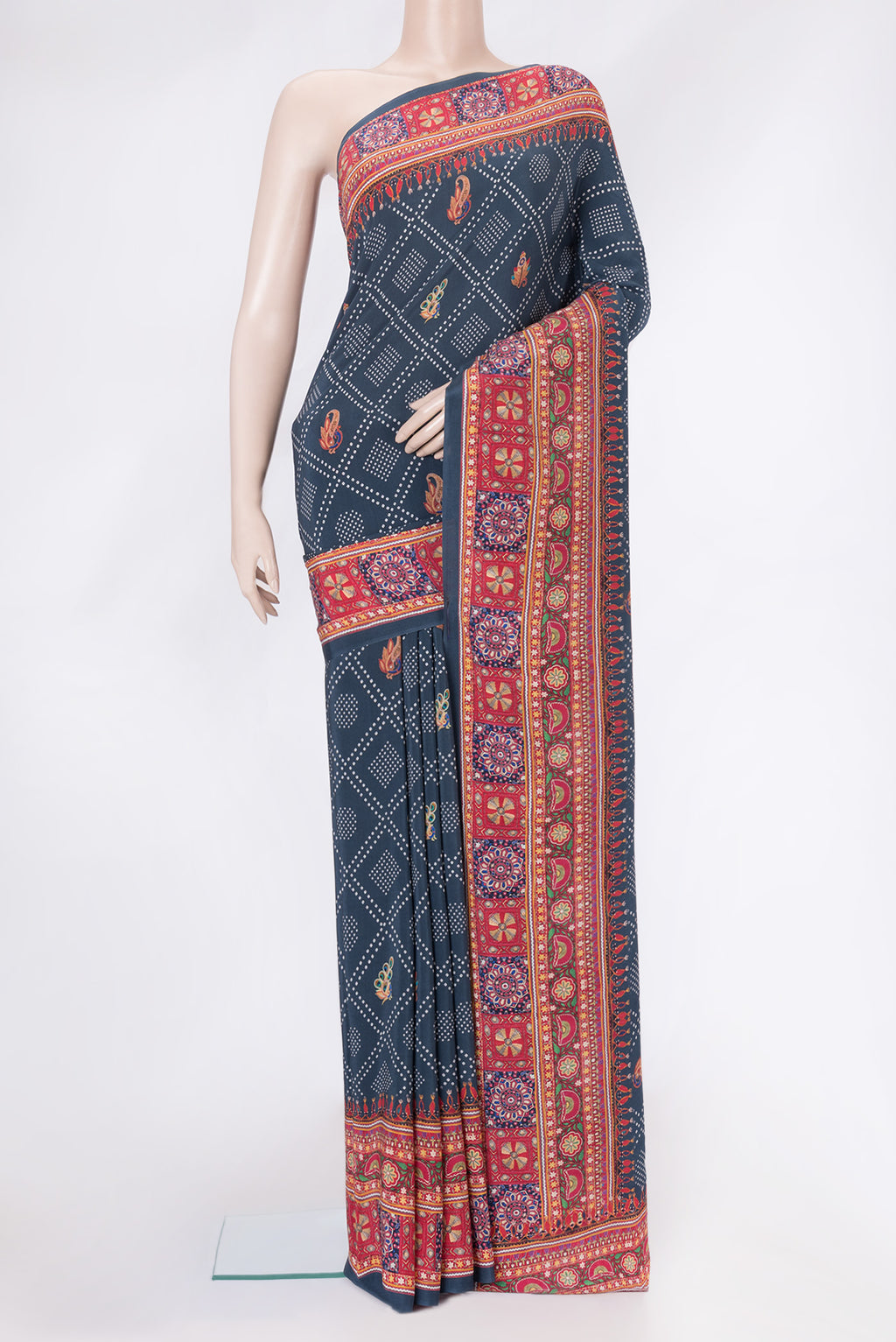 Blue Grey Dual Tone Mysore Crepe Saree with Printed design on the body and Zari Border.  displayed on a mannequin