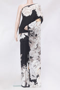 Black Mysore Crepe Saree with Printed design on the body and Without Border.  displayed on a mannequin