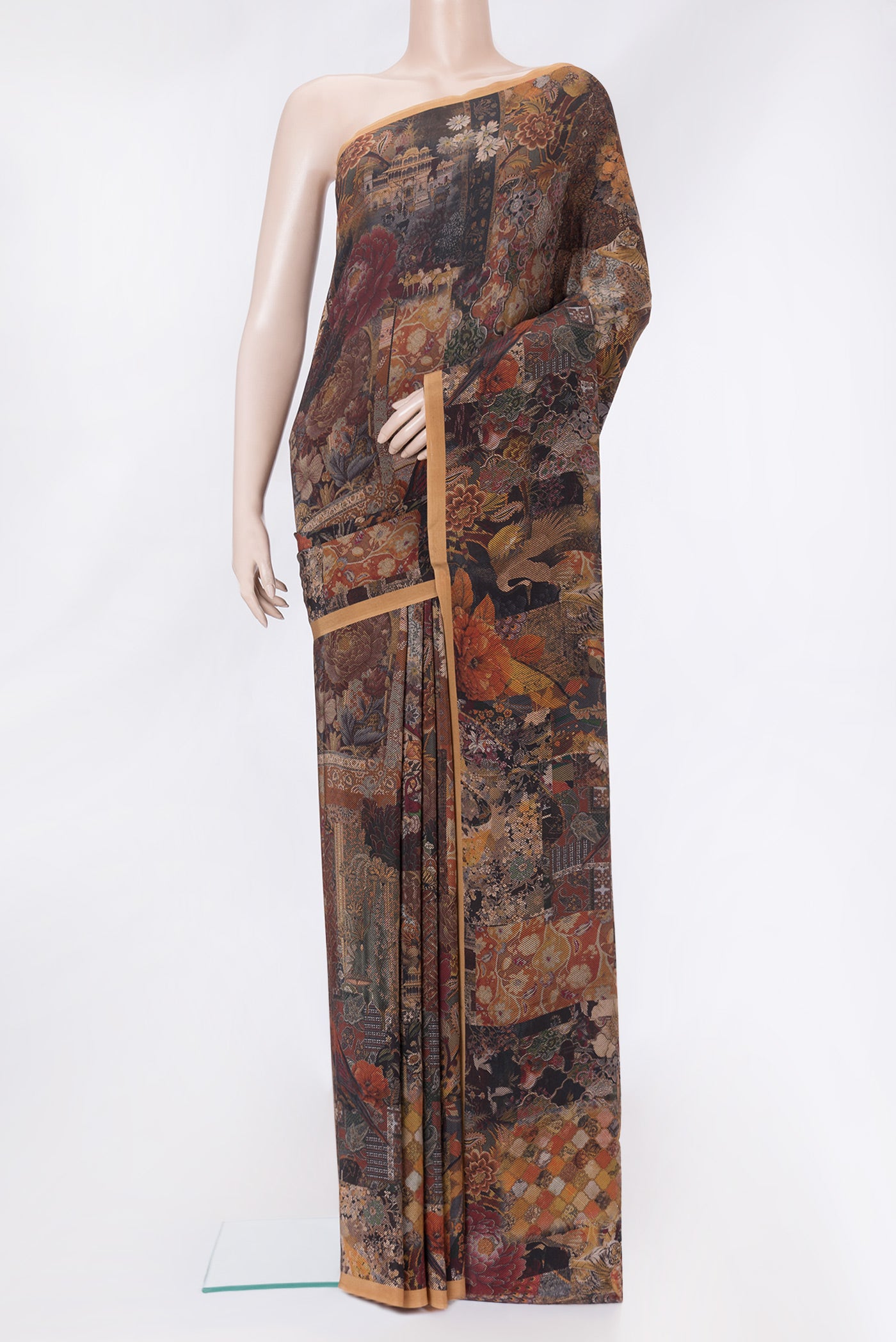 Black Mysore Crepe Saree with Printed design on the body and Plain Border.  displayed on a mannequin