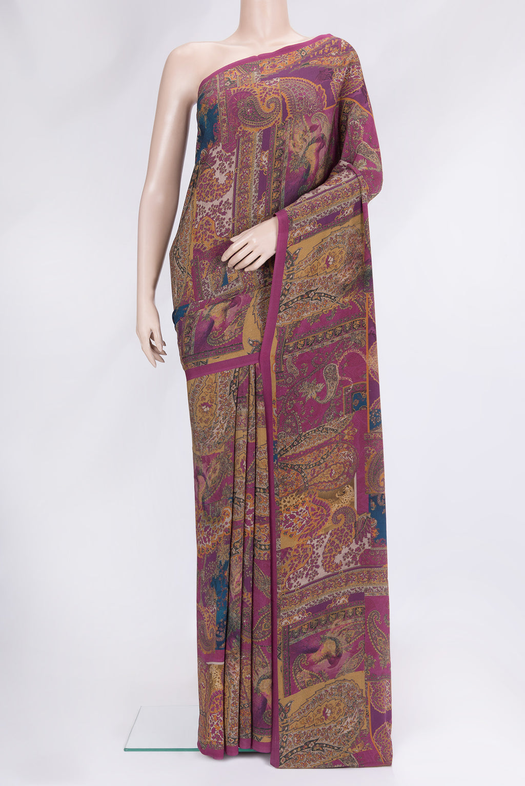 Magenta Dual Tone Mysore Crepe Saree with Printed design on the body and Printed Border.  displayed on a mannequin