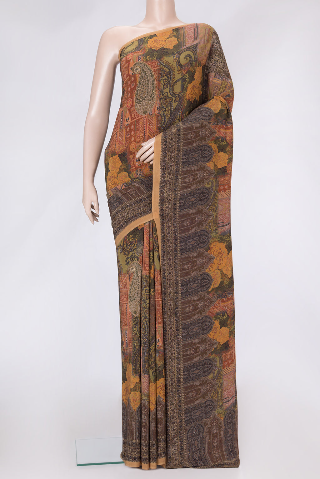Green Dual Tone Mysore Crepe Saree with Printed design on the body and Printed Border.  displayed on a mannequin