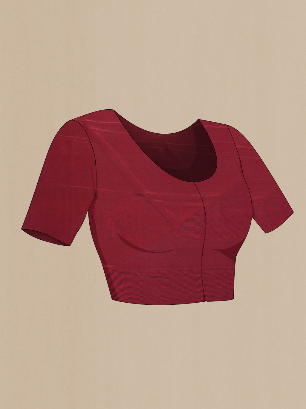 Close up image of the blouse of Maroon Dual Tone Mysore Crepe Saree with Printed design on the body and Printed Border. 