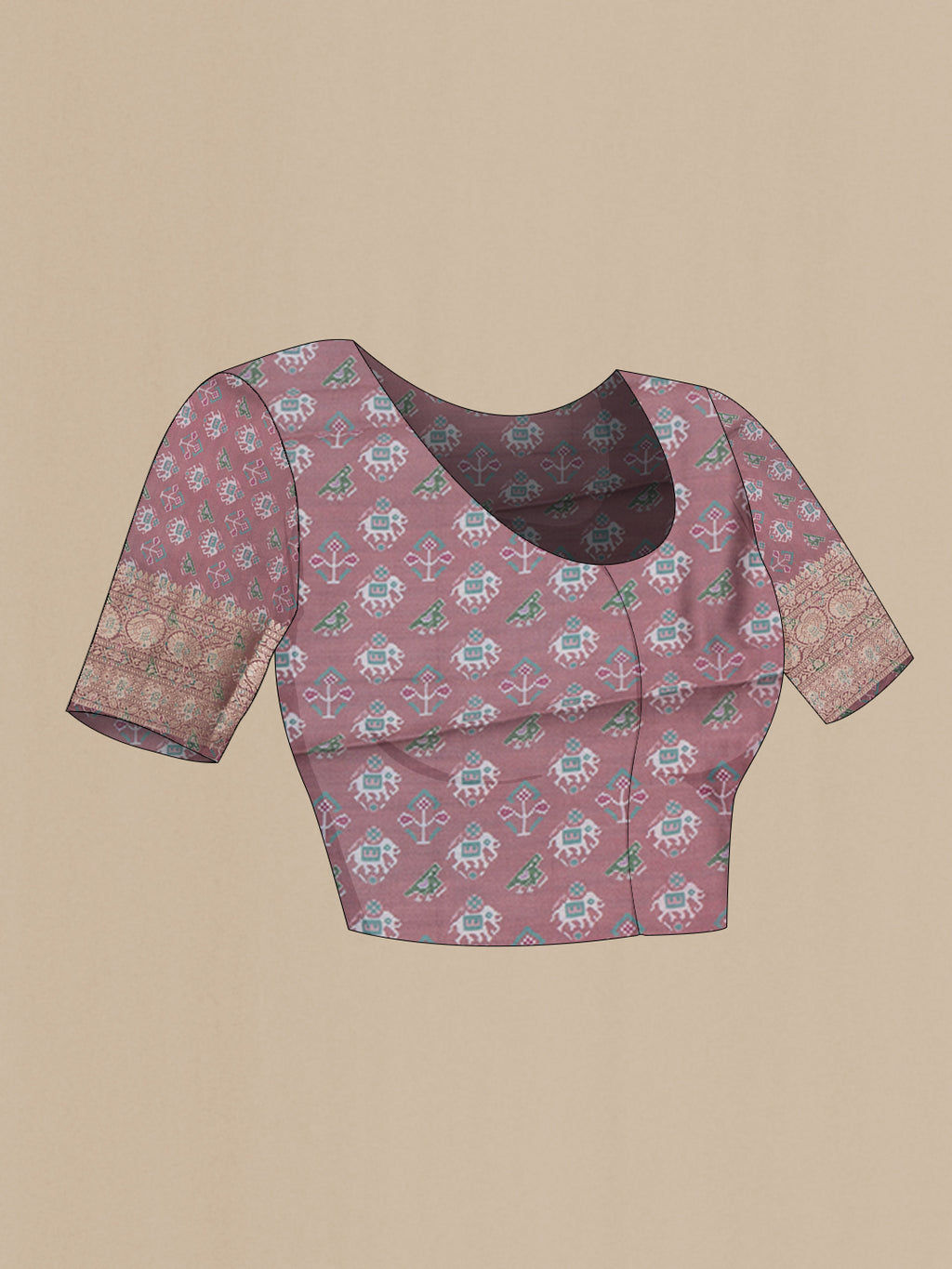 Close up image of the blouse of Mauve Chanderi Silk Cotton Saree with Printed design on the body and Zari Border. 