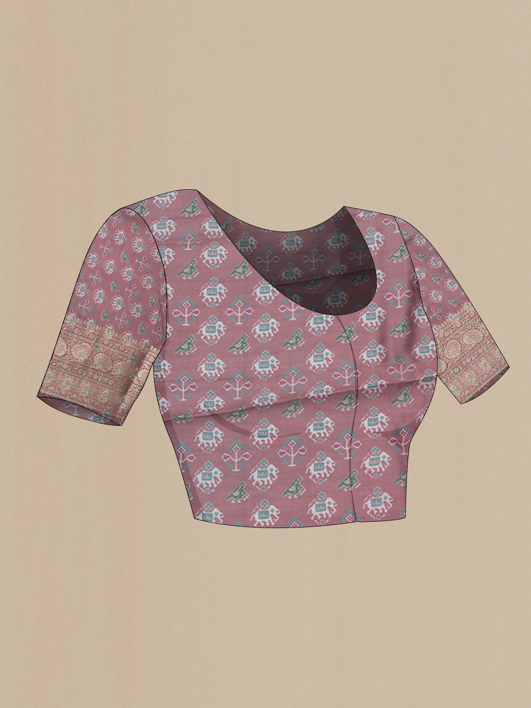 Close up image of the blouse of Mauve Chanderi Silk Cotton Saree with Printed design on the body and Zari Border. 