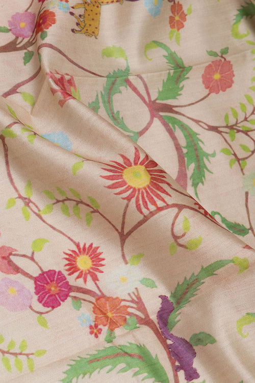 Close up of Beige Chanderi Silk Saree with Printed design on the body and Fancy Border.  displaying folds