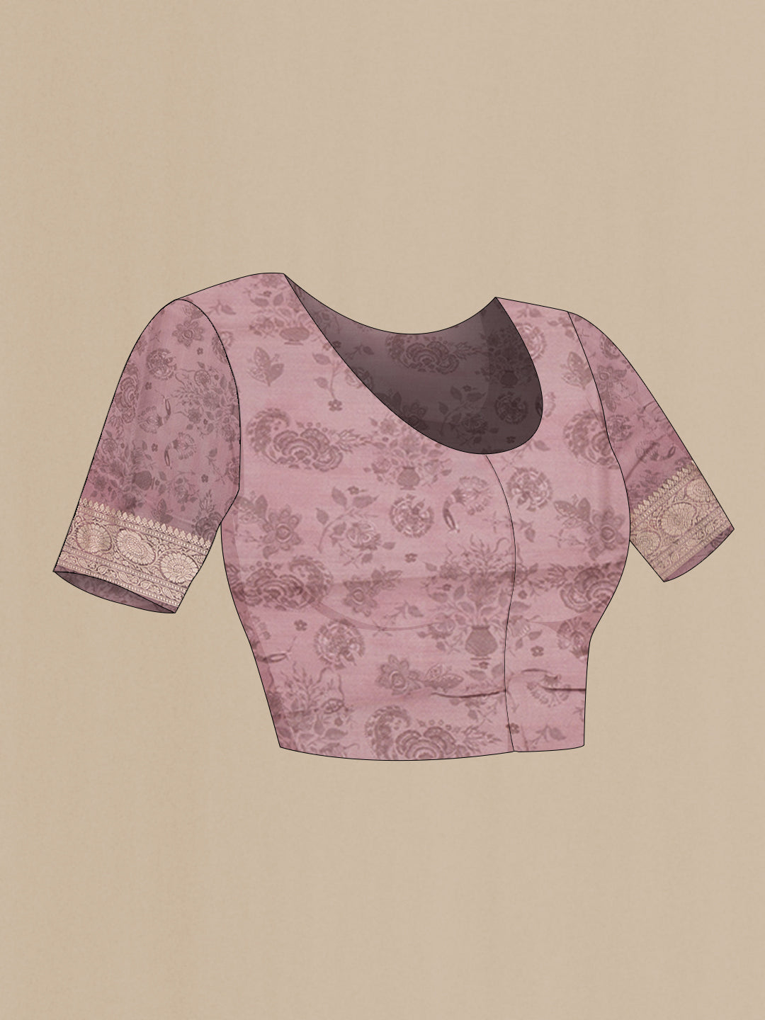 Close up image of the blouse of Purple Chanderi Silk Saree with Printed design on the body and Zari Border. 