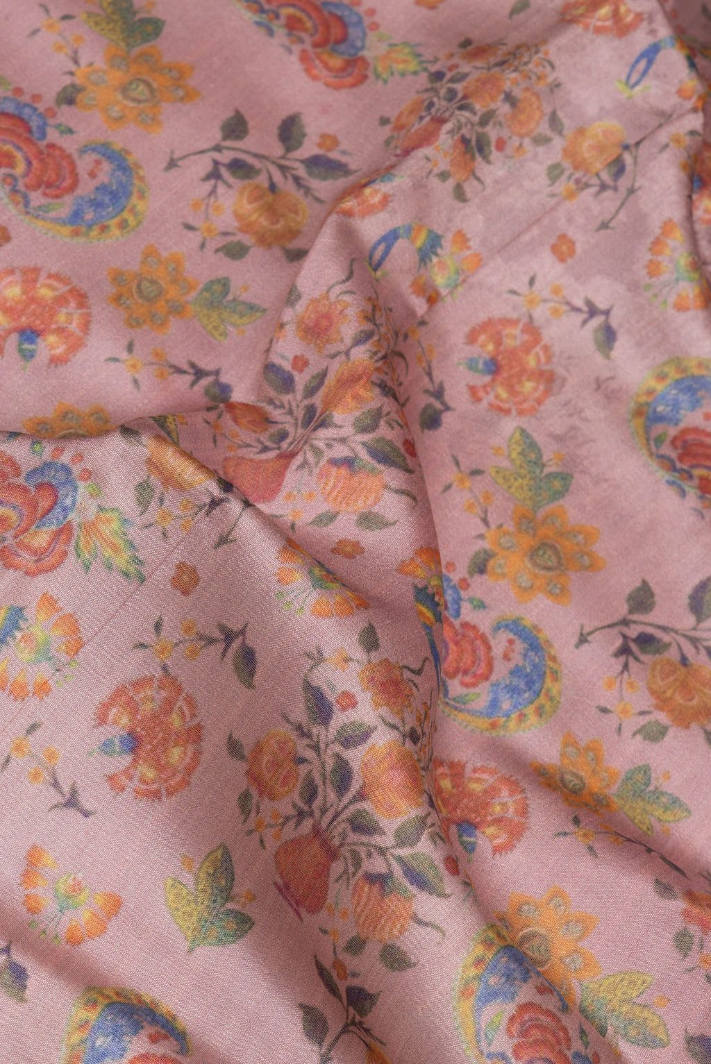 Close up of Purple Chanderi Silk Saree with Printed design on the body and Zari Border.  displaying folds