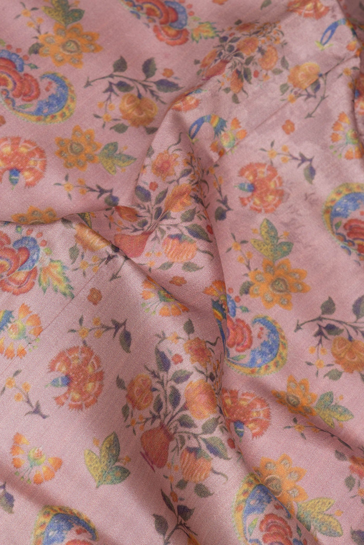Close up of Purple Chanderi Silk Saree with Printed design on the body and Zari Border.  displaying folds