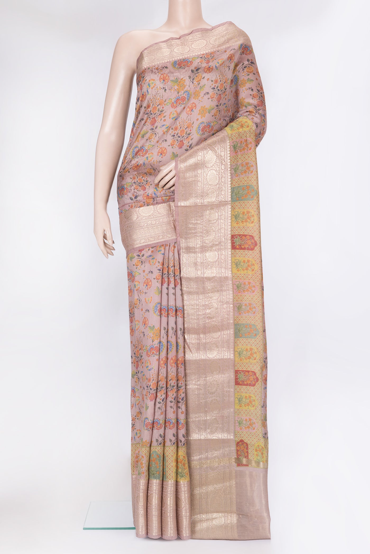 Purple Chanderi Silk Saree with Printed design on the body and Zari Border.  displayed on a mannequin