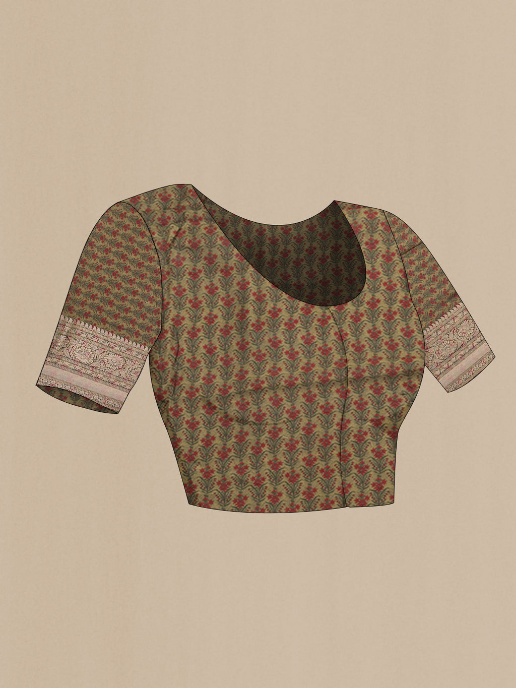 Close up image of the blouse of Mehandi Green Tussar Silk Saree with Printed design on the body and Zari Border. 