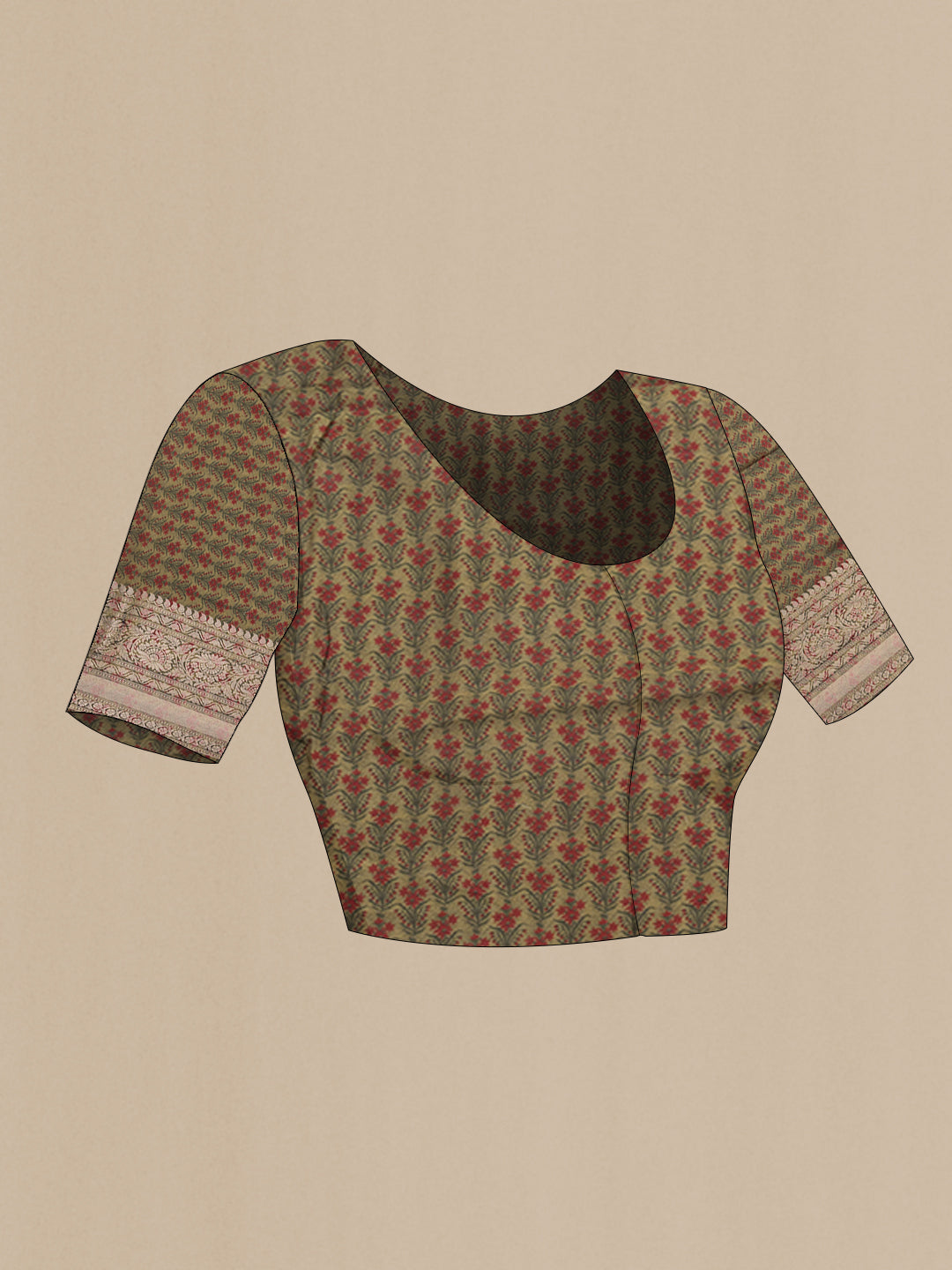 Close up image of the blouse of Mehandi Green Tussar Silk Saree with Printed design on the body and Zari Border. 