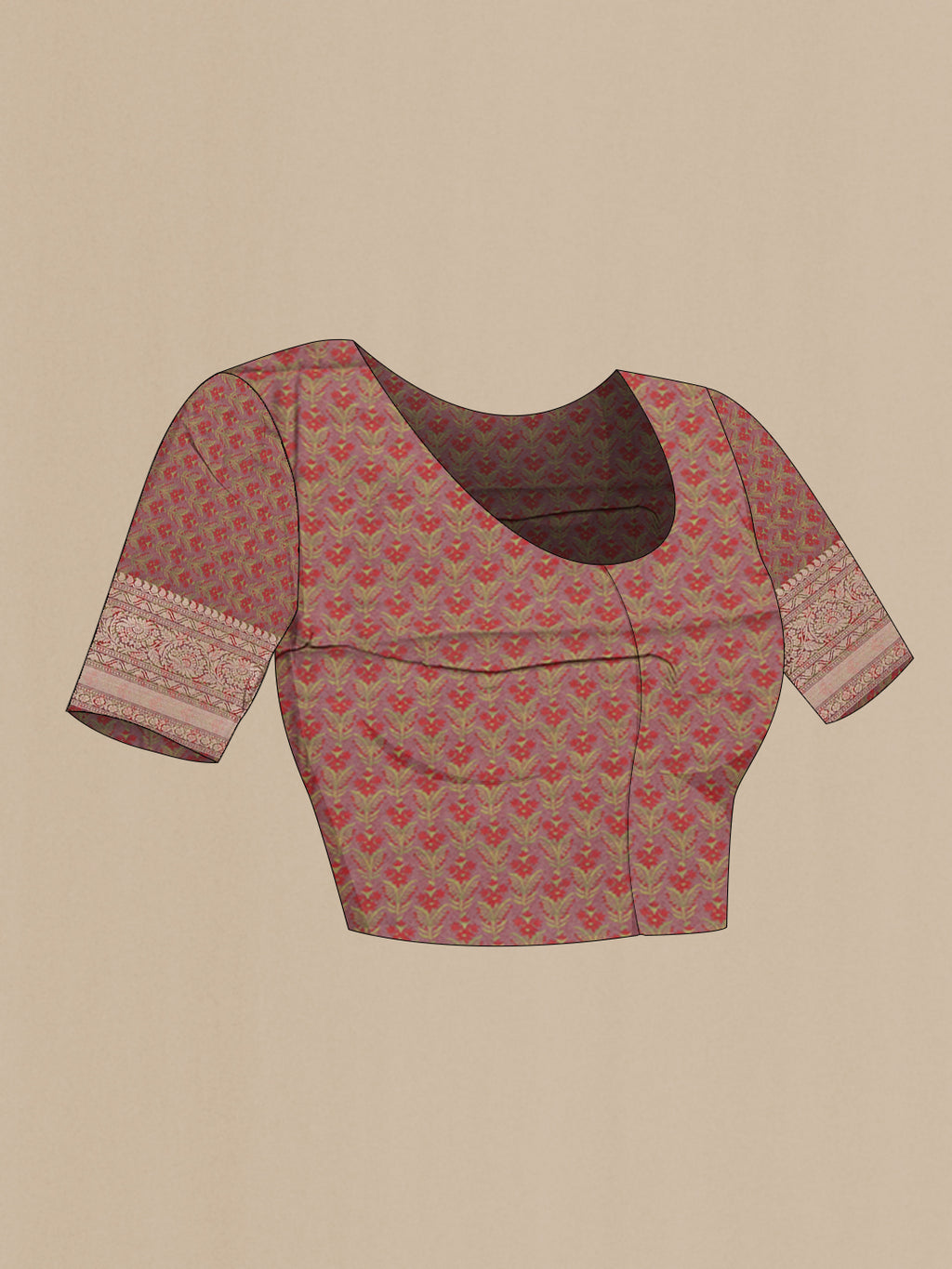 Close up image of the blouse of Brown Tussar Silk Saree with Printed design on the body and Zari Border. 
