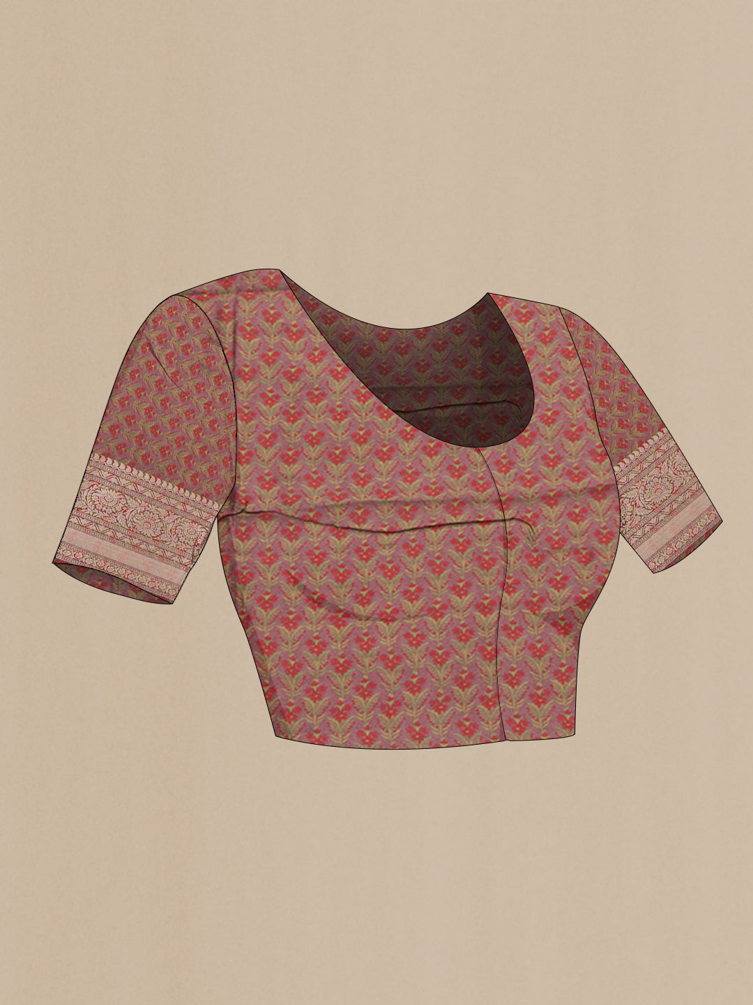 Close up image of the blouse of Brown Tussar Silk Saree with Printed design on the body and Zari Border. 