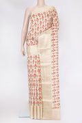 Beige Chanderi Silk Saree with Printed design on the body and Fancy Border.  displayed on a mannequin
