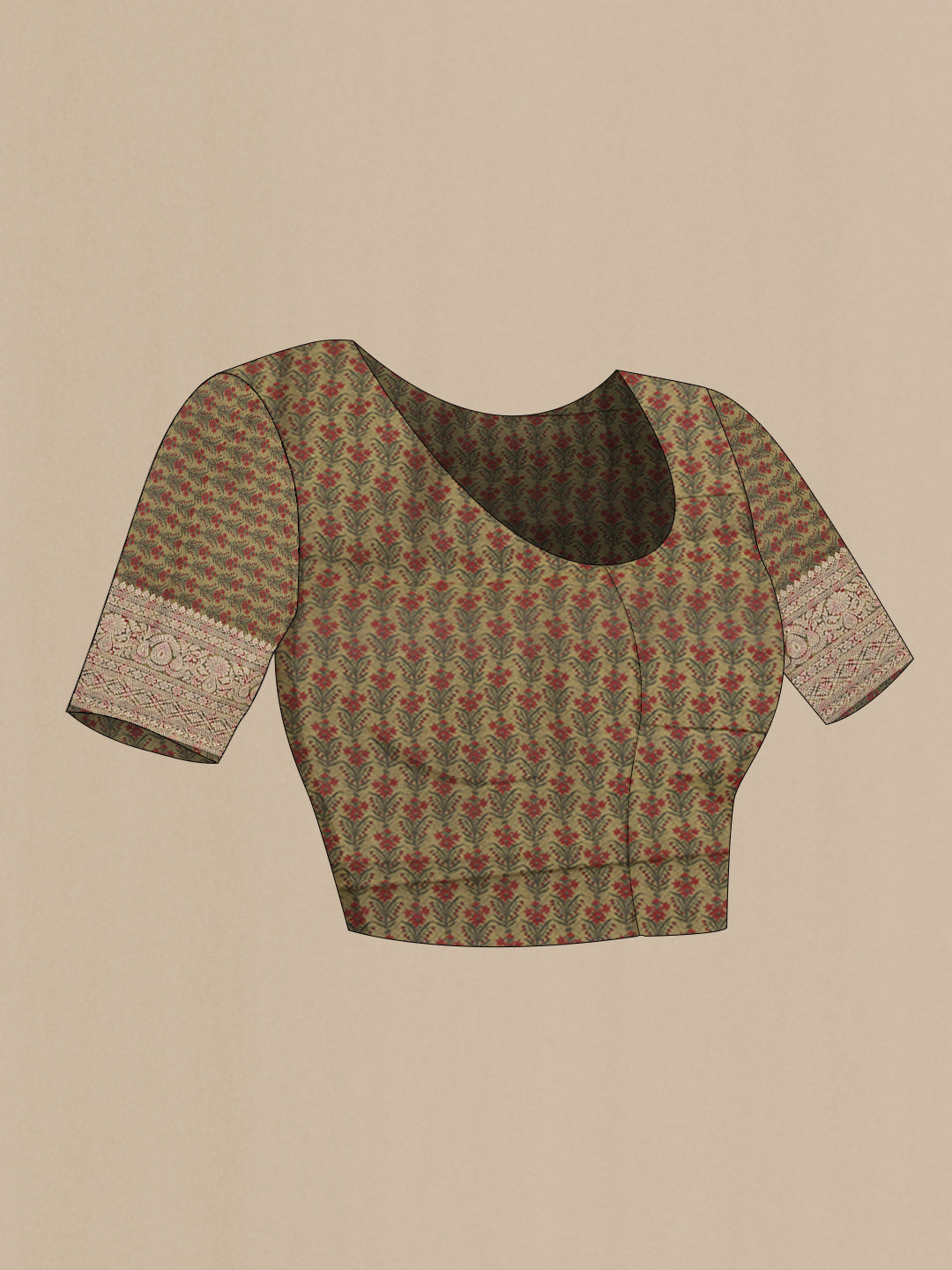 Close up image of the blouse of Mehandi Green Tussar Silk Saree with Printed design on the body and Zari Border. 