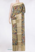 Mehandi Green Tussar Silk Saree with Printed design on the body and Zari Border.  displayed on a mannequin