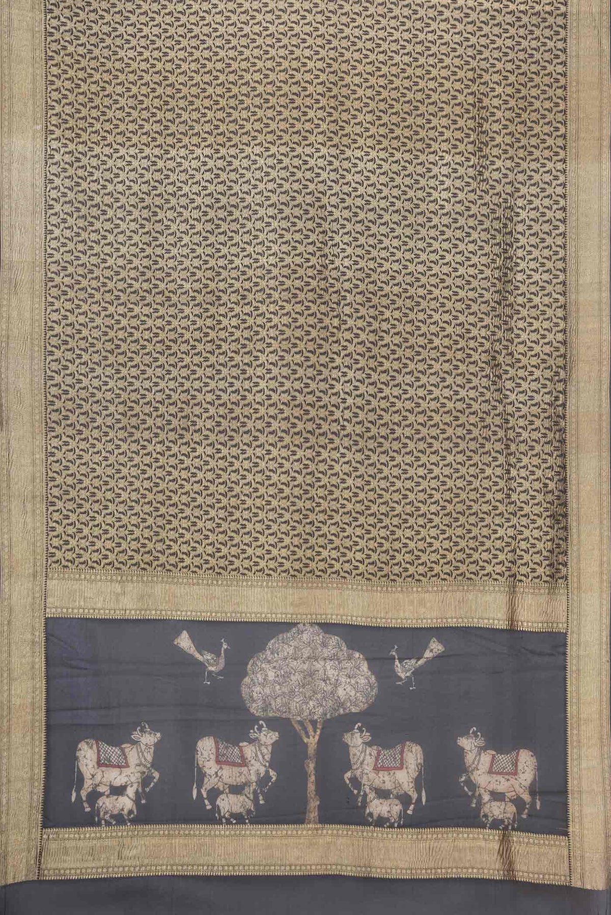 Flat view of Black Mysore Crepe Saree with Zari Brocade on the body and Zari Border