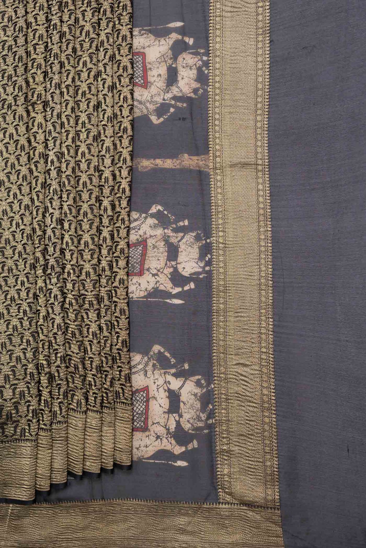 Pleats and pallu of Black Mysore Crepe Saree with Zari Brocade on the body and Zari Border