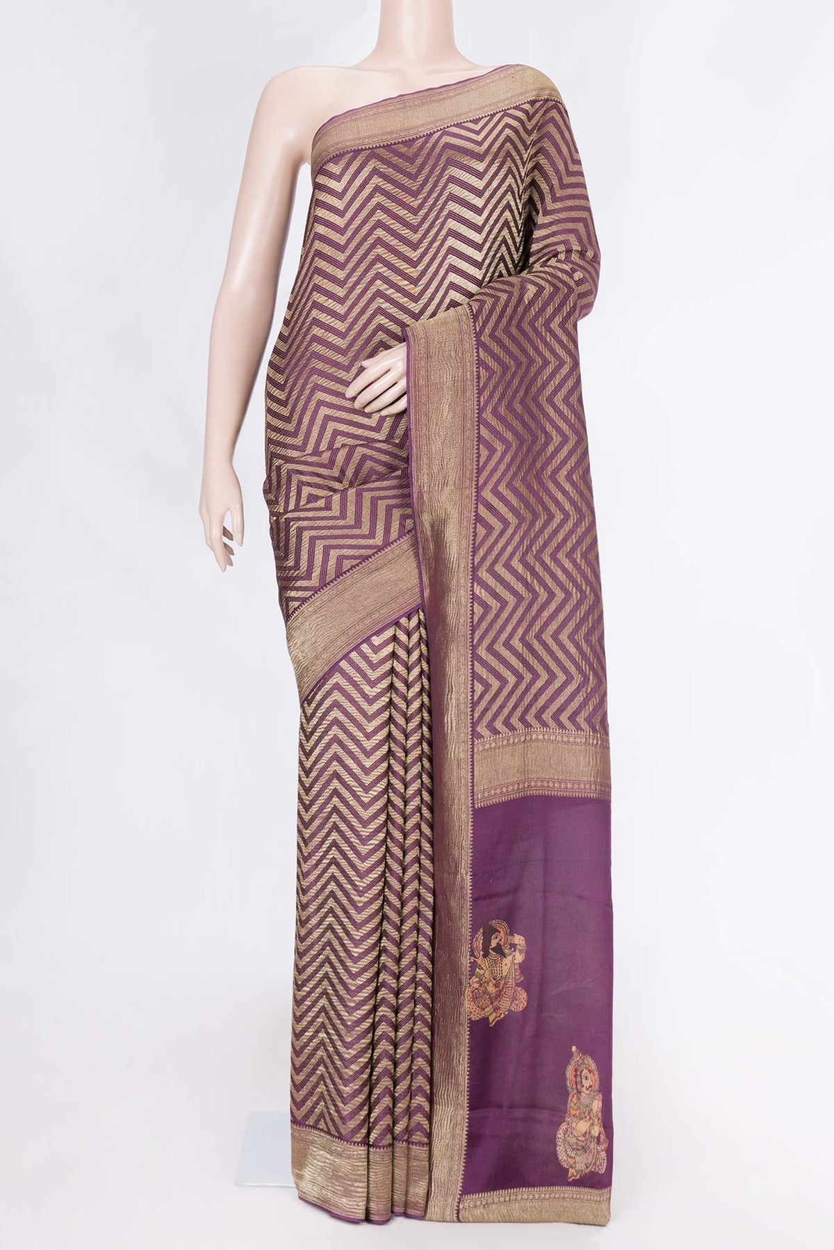 Purple Mysore Crepe Saree with Zari Brocade on the body and Zari Border displayed on a mannequin