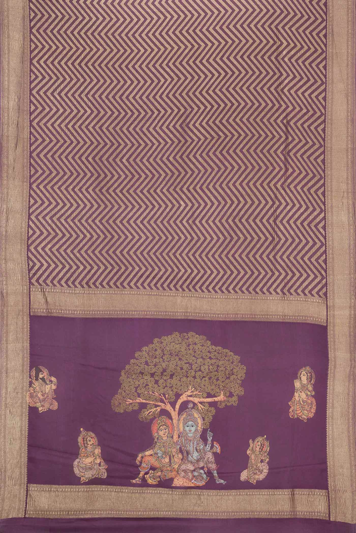 Flat view of Purple Mysore Crepe Saree with Zari Brocade on the body and Zari Border