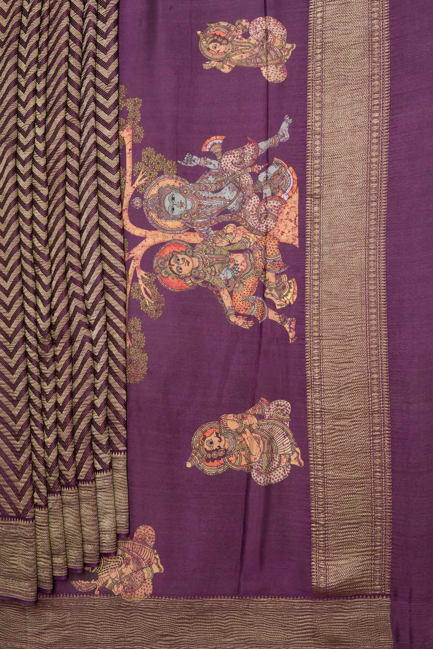 Pleats and pallu of Purple Mysore Crepe Saree with Zari Brocade on the body and Zari Border