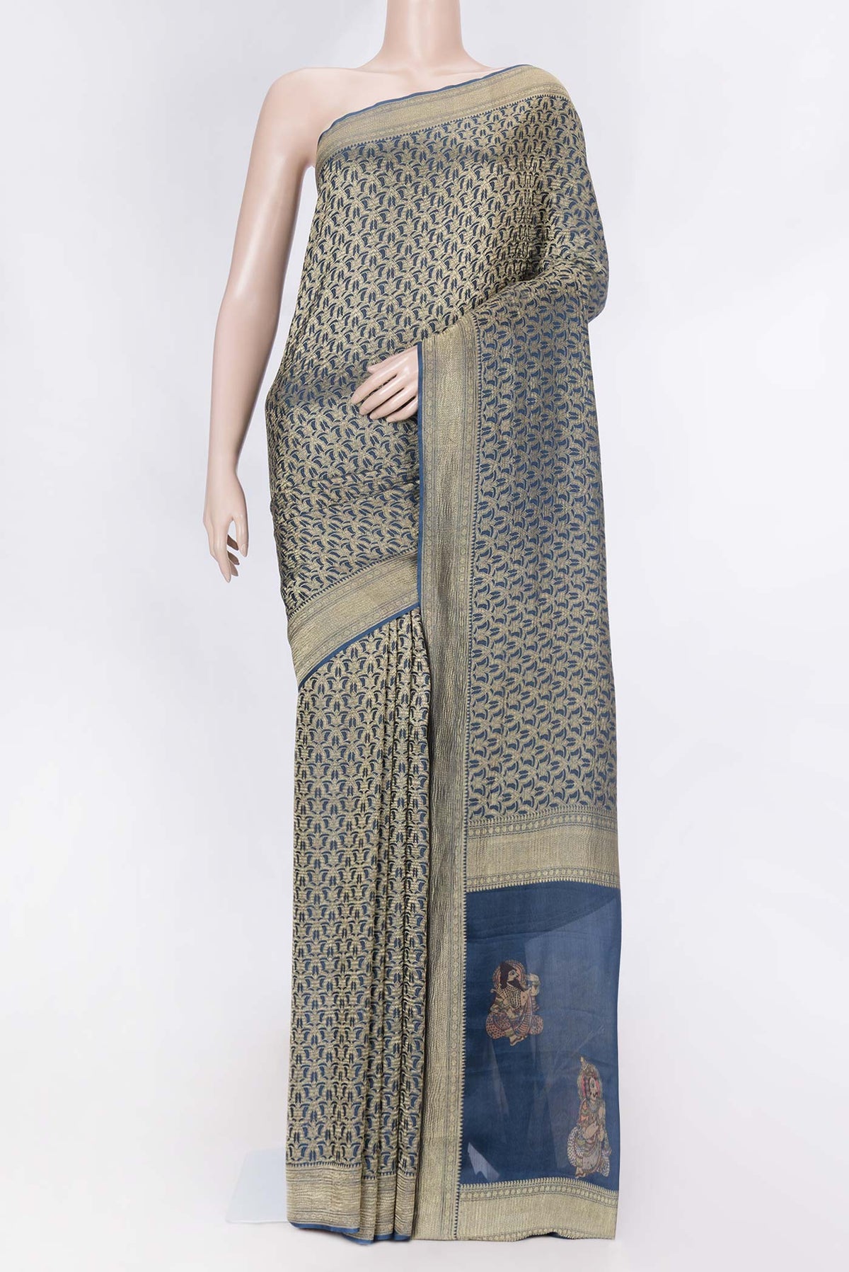 Navy Blue Dual Tone Mysore Georgette Saree with Zari Brocade on the body and Zari Border displayed on a mannequin