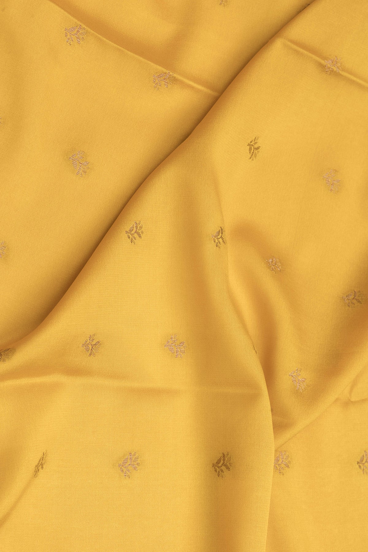 Close up of Mustard Dual Tone Mysore Crepe Saree with Zari Butta on the body and Zari Border.  displaying folds