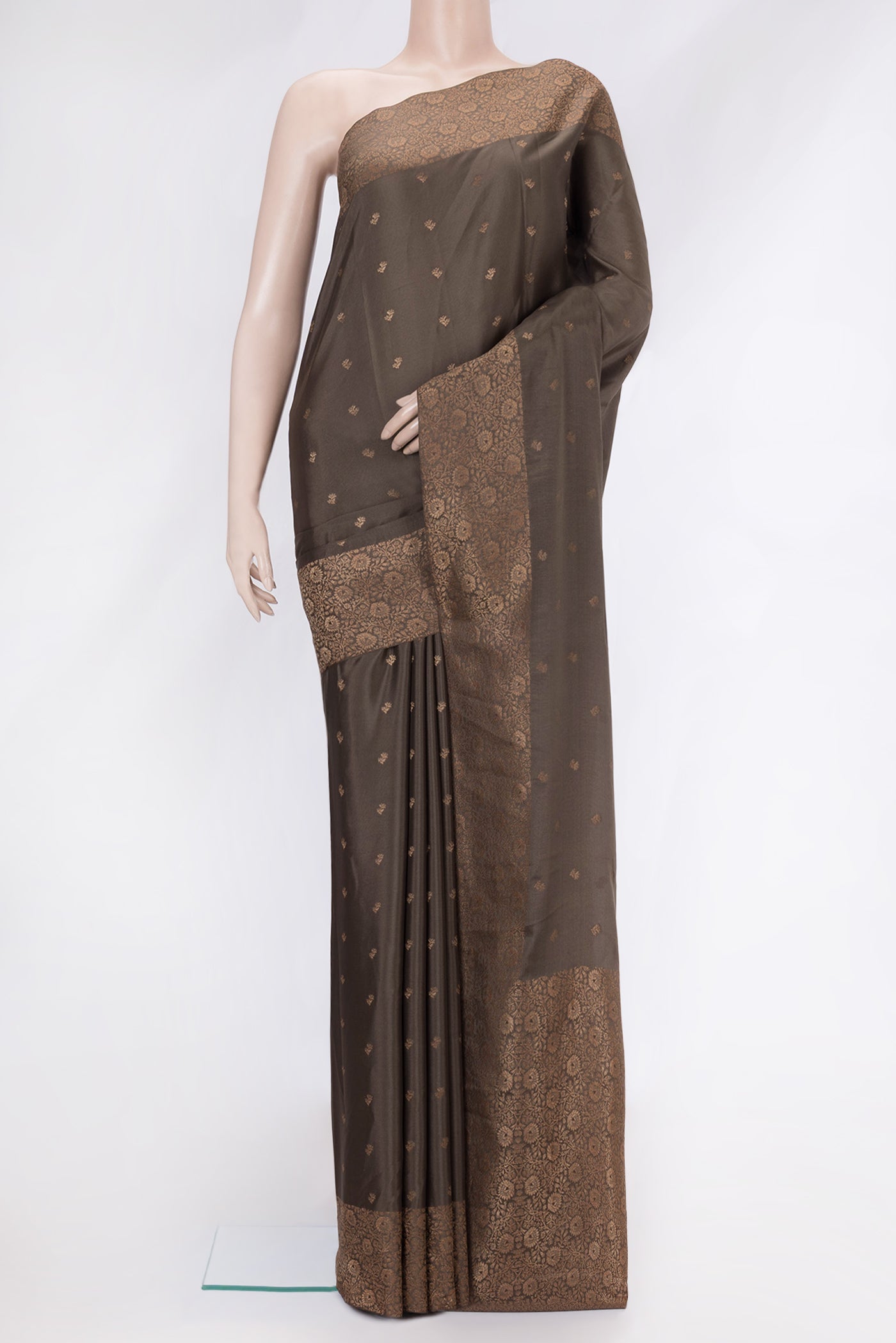 Brown Dual Tone Mysore Crepe Saree with Zari Butta on the body and Zari Border.  displayed on a mannequin