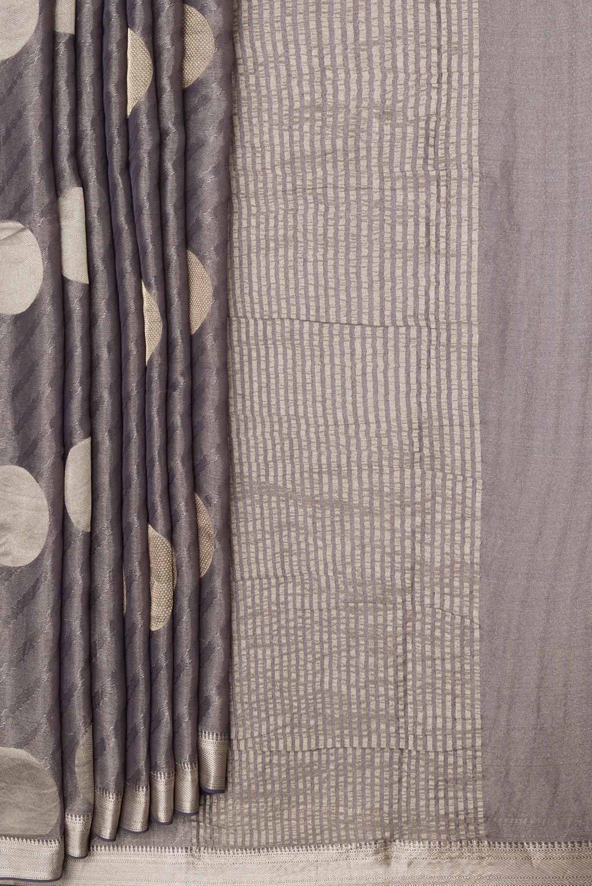 Pleats and pallu of Grey Dual Tone Mysore Georgette Saree with Zari Brocade on the body and Zari Border