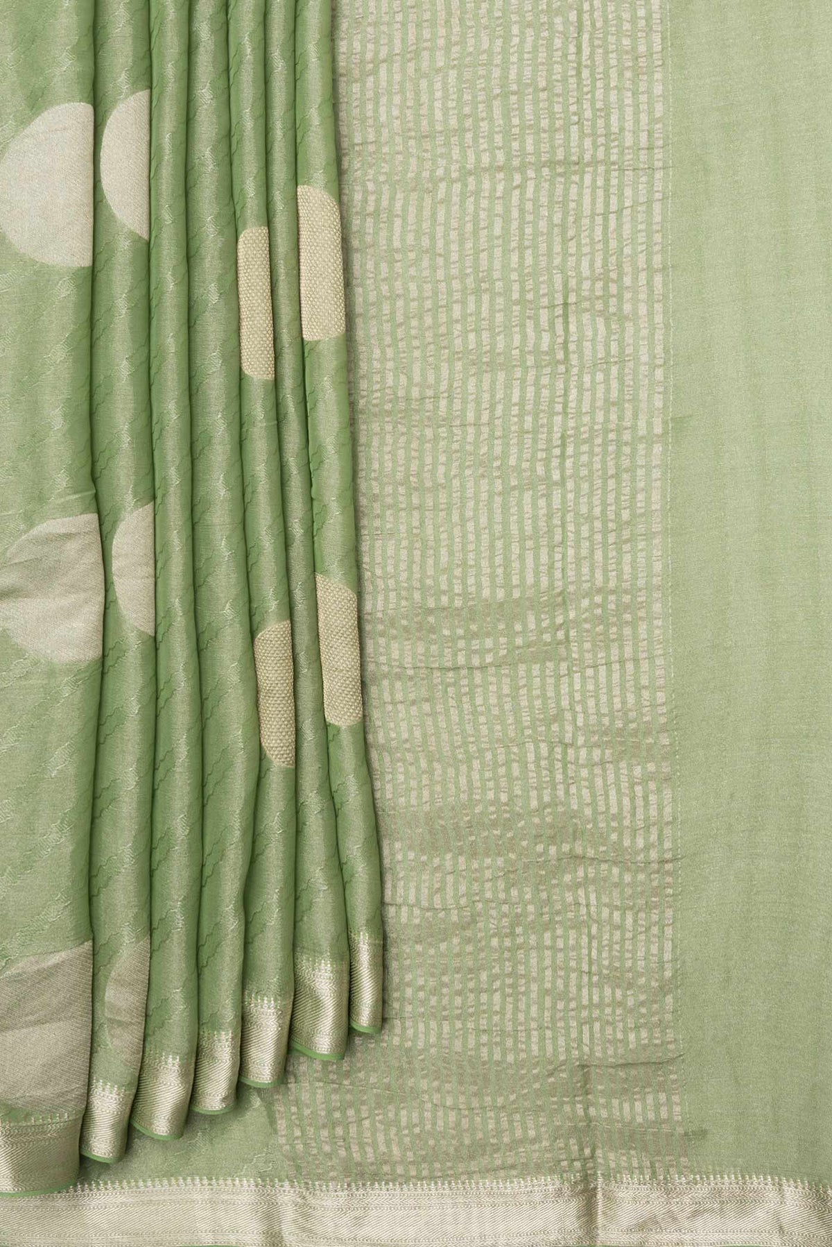 Pleats and pallu of Green Dual Tone Mysore Georgette Saree with Zari Brocade on the body and Zari Border