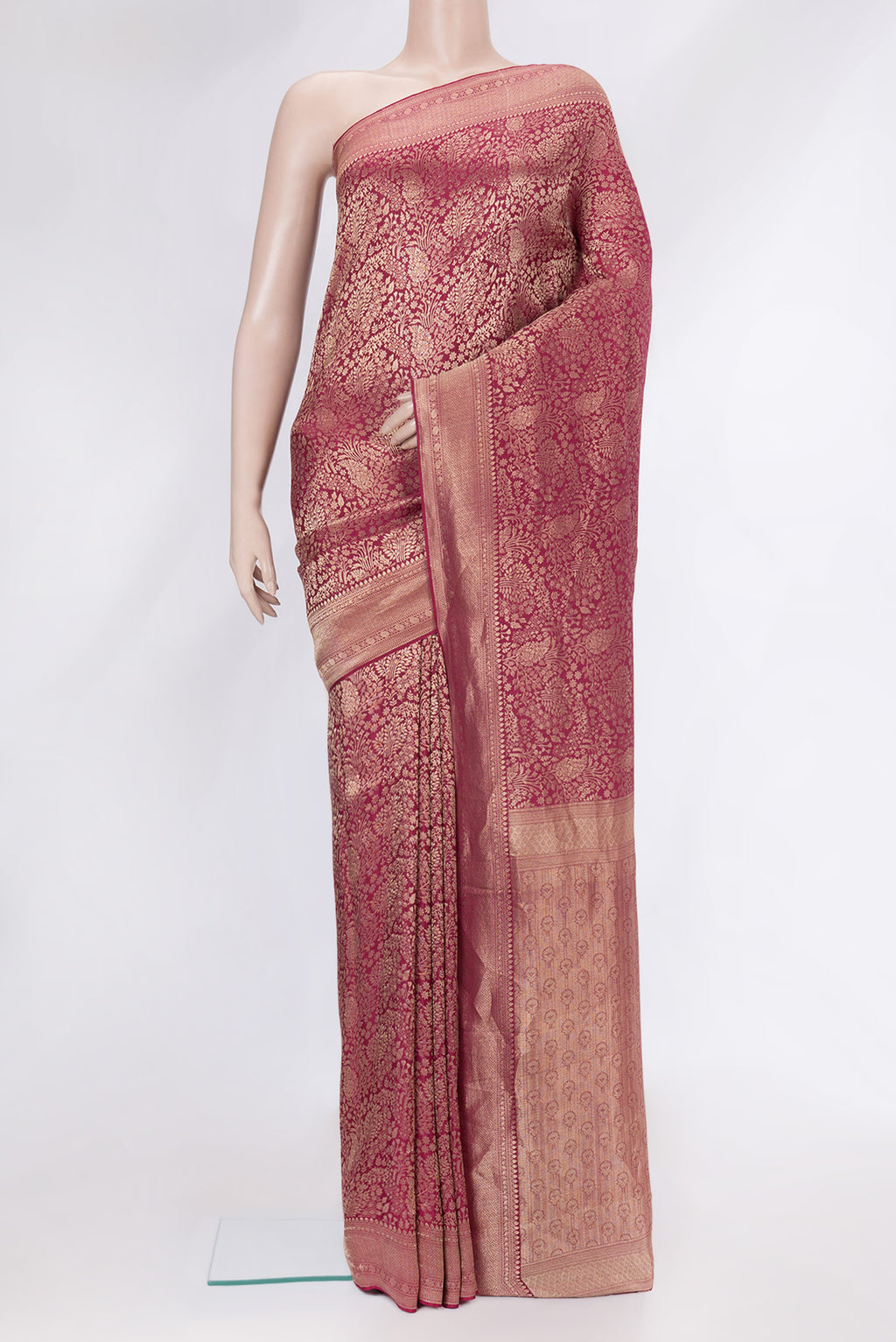 Pink Mysore Crepe Saree with Zari Brocade on the body and Zari Border.  displayed on a mannequin