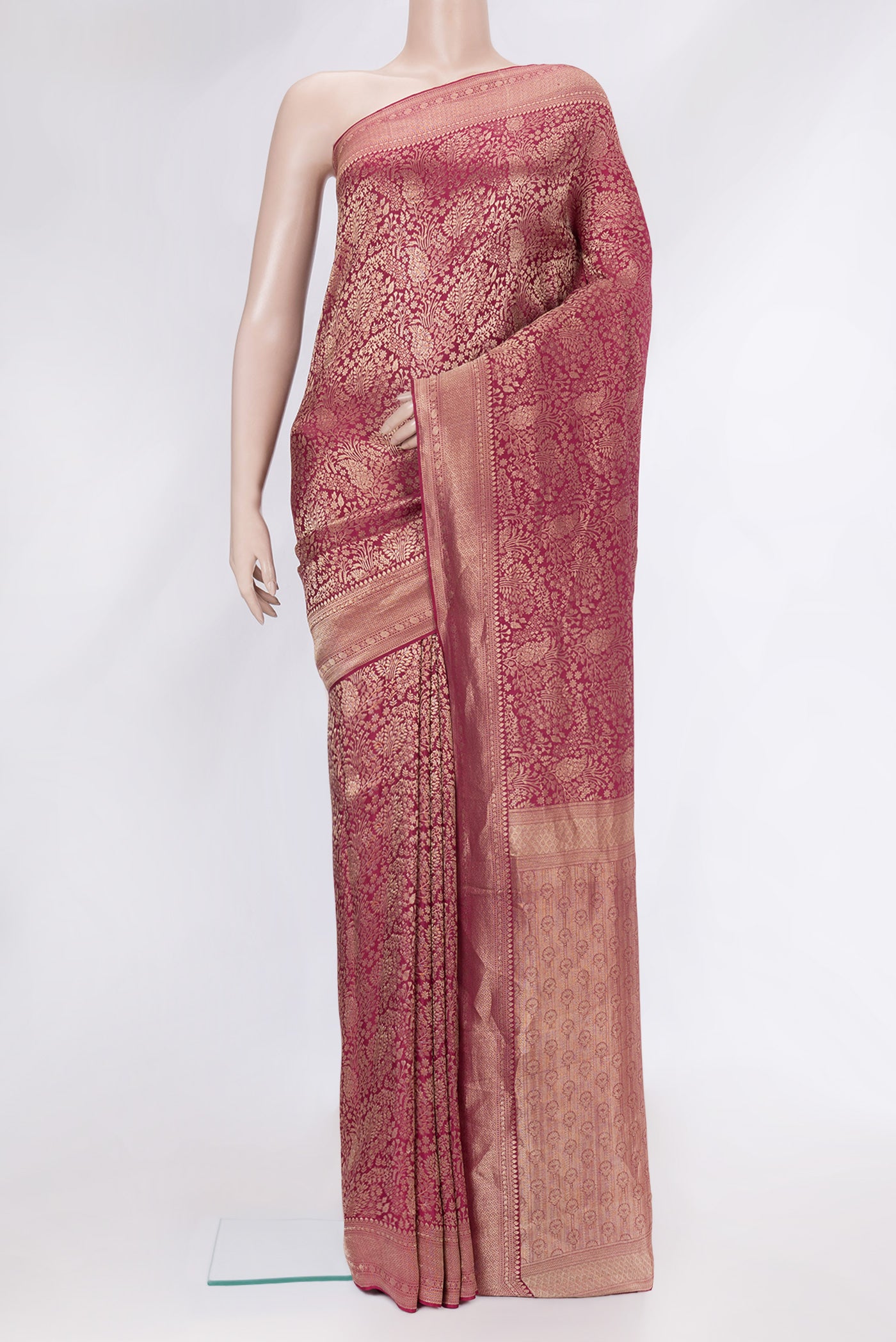 Pink Mysore Crepe Saree with Zari Brocade on the body and Zari Border.  displayed on a mannequin