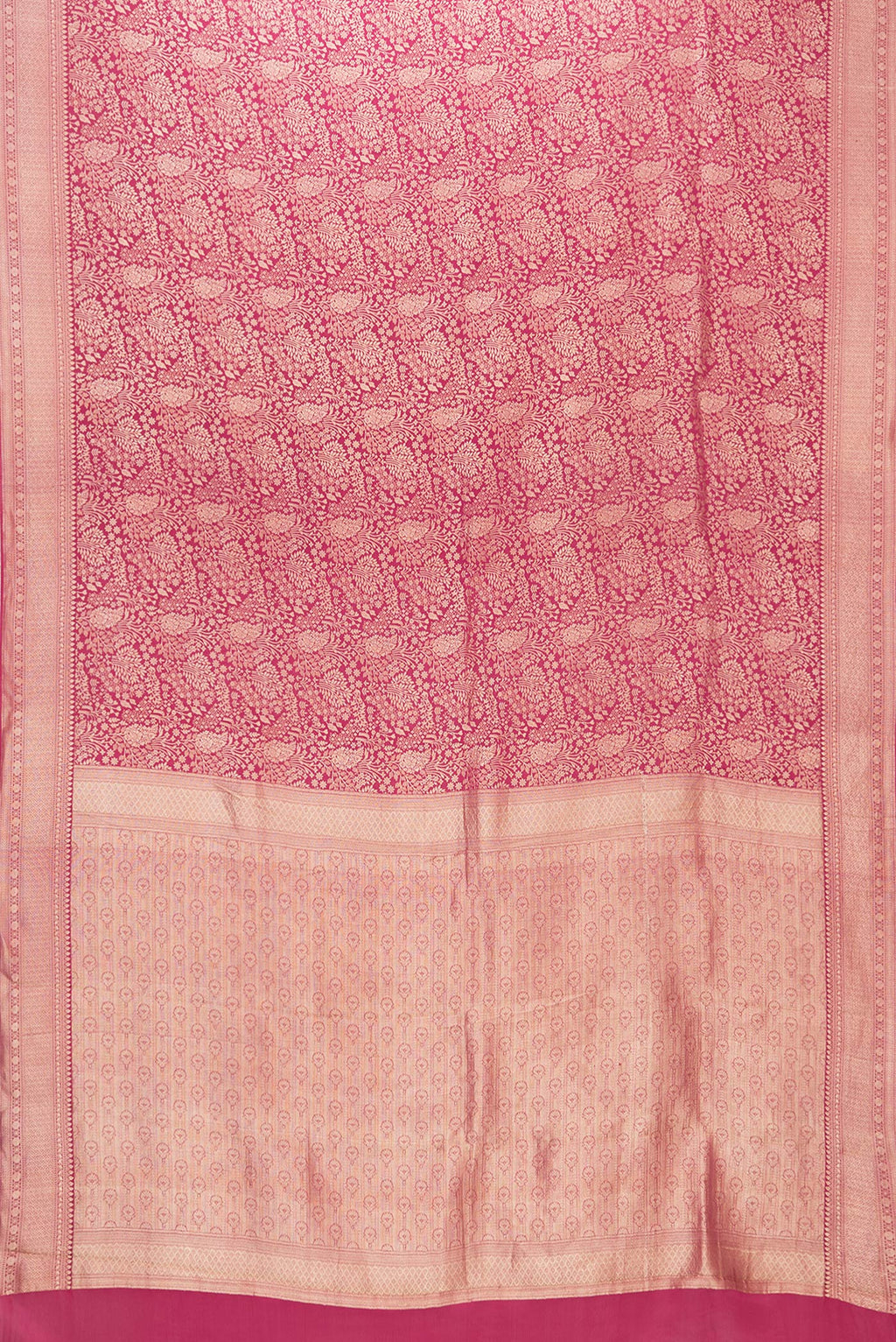 Flat view of Pink Mysore Crepe Saree with Zari Brocade on the body and Zari Border. 