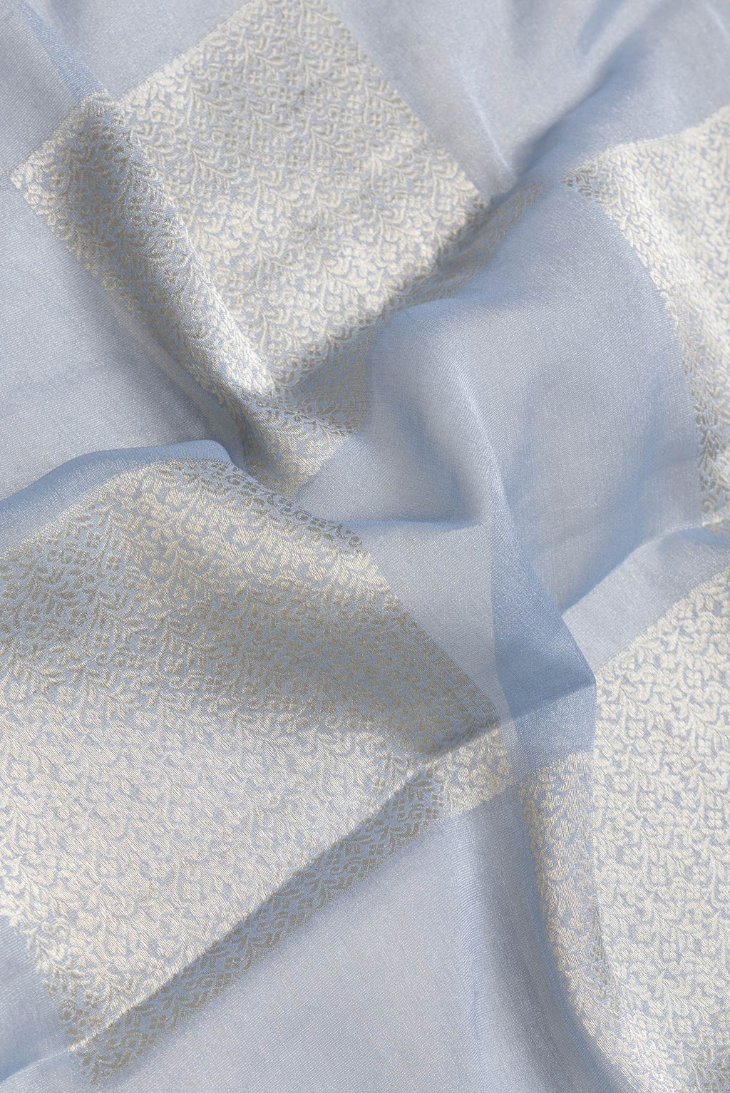 Close up of Grey Dual Tone Mysore Georgette Saree with Zari Brocade on the body and Zari Border.  displaying folds