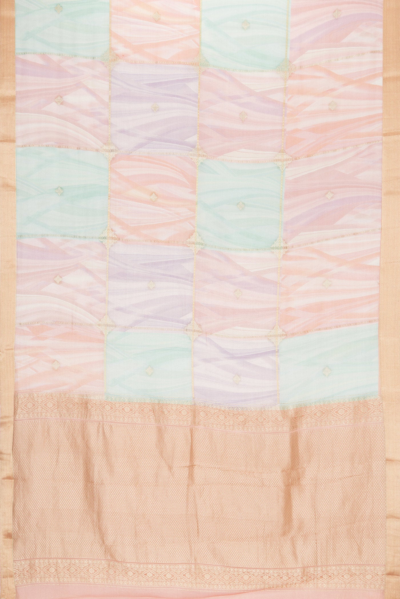 Flat view of Lavender Dual Tone Mysore Georgette Saree with Zari Butta on the body and Zari Border. 