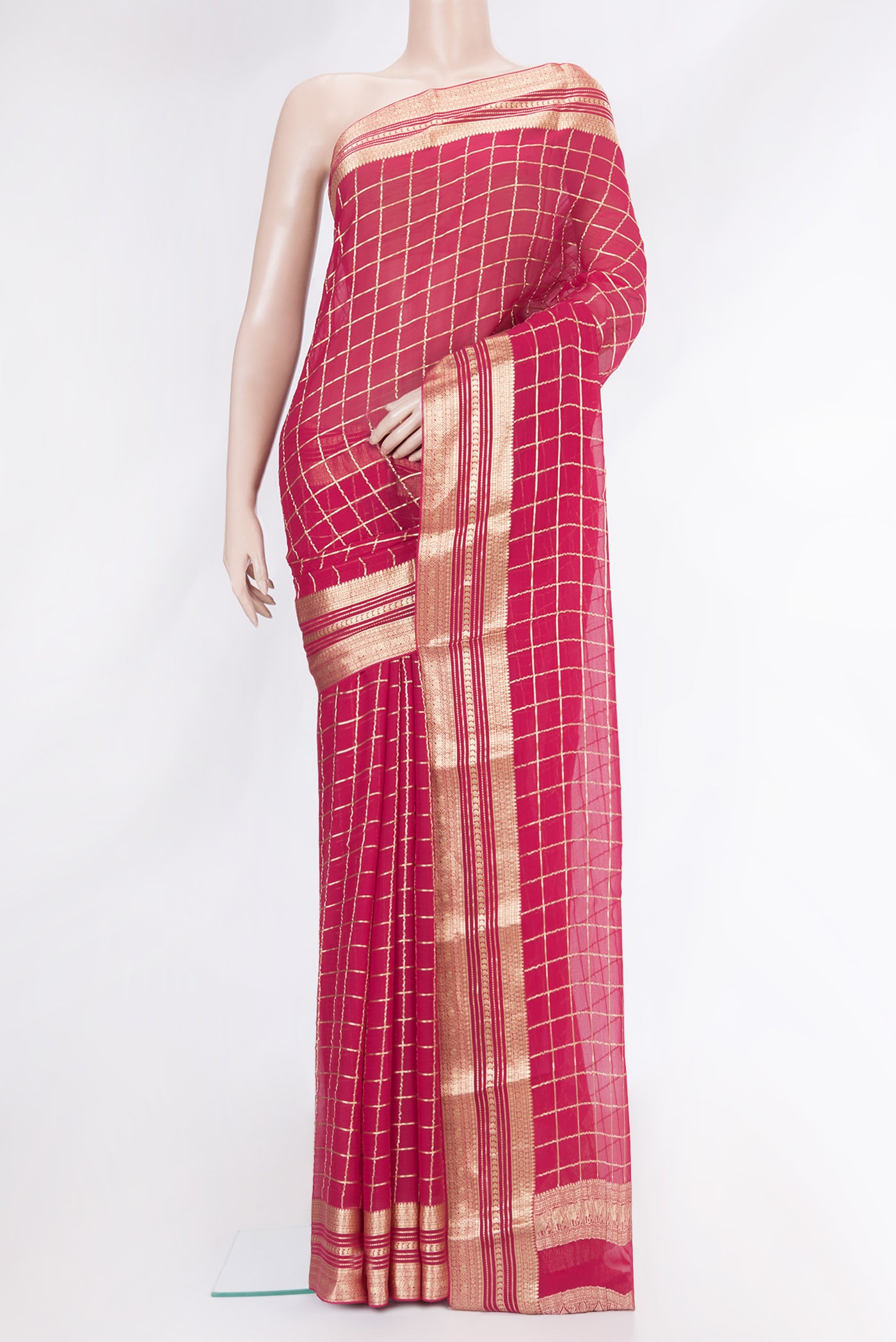 Pink Dual Tone Mysore Georgette Saree with Checked design on the body and Zari Border.  displayed on a mannequin