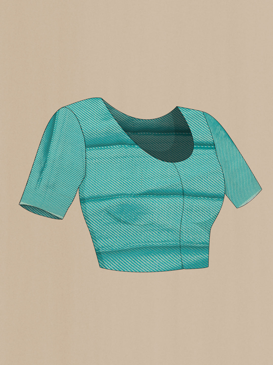 Close up image of the blouse of Peacock Blue Dual Tone Mysore Georgette Saree with Checked design on the body and Zari Border. 